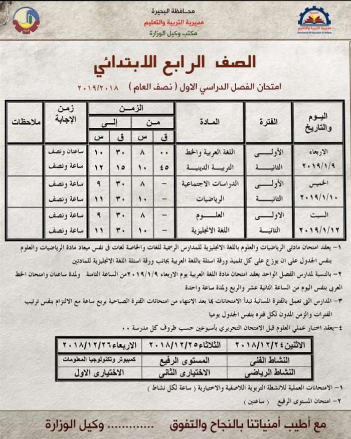 جدول امتحانات الصف الرابع الابتدائي الترم الاول 2019 محافظة البحيرة