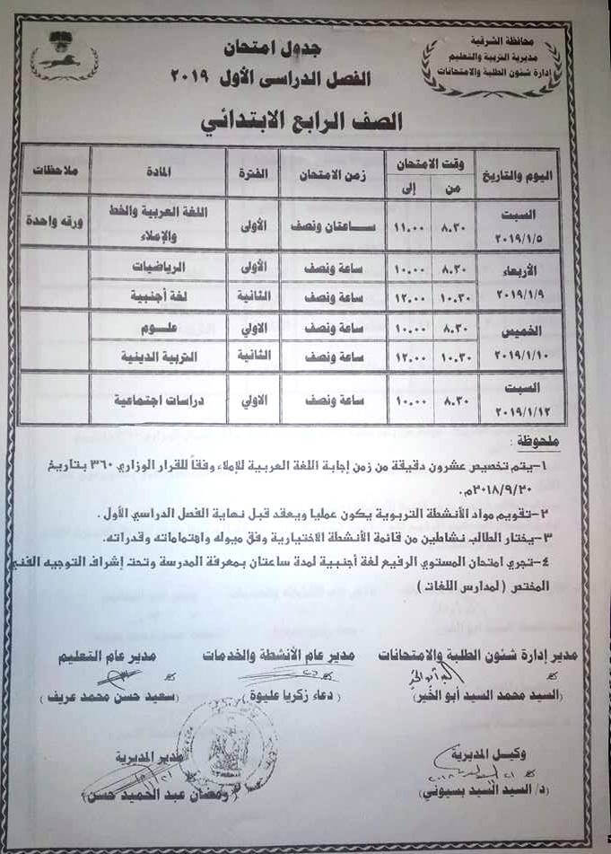 جدول امتحانات الصف الرابع الابتدائي الترم الاول 2019 محافظة الشرقية