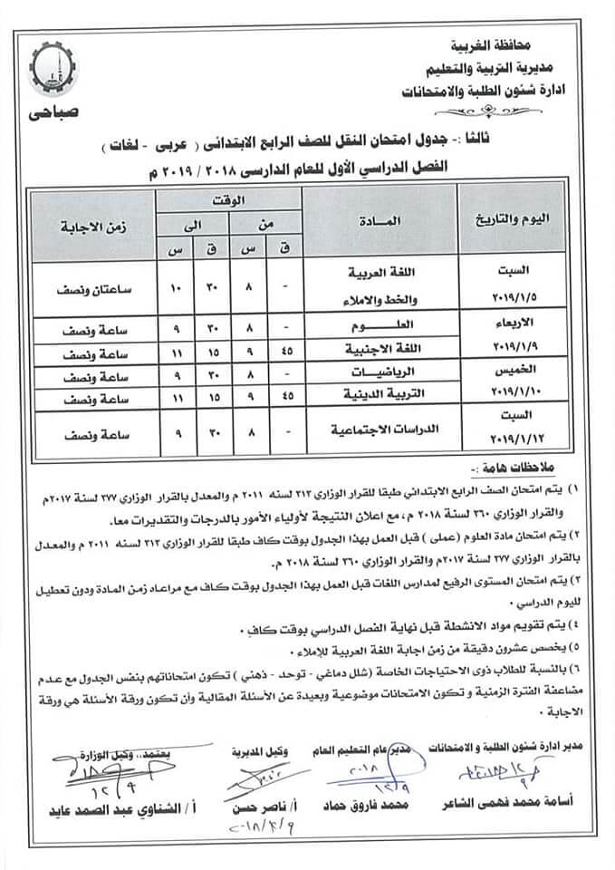 جدول امتحانات الصف الرابع الابتدائي الترم الاول 2019 محافظة الغربية