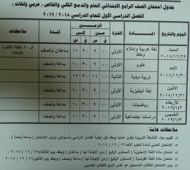 جدول امتحانات الصف الرابع الابتدائي الترم الاول 2019 محافظة مطروح