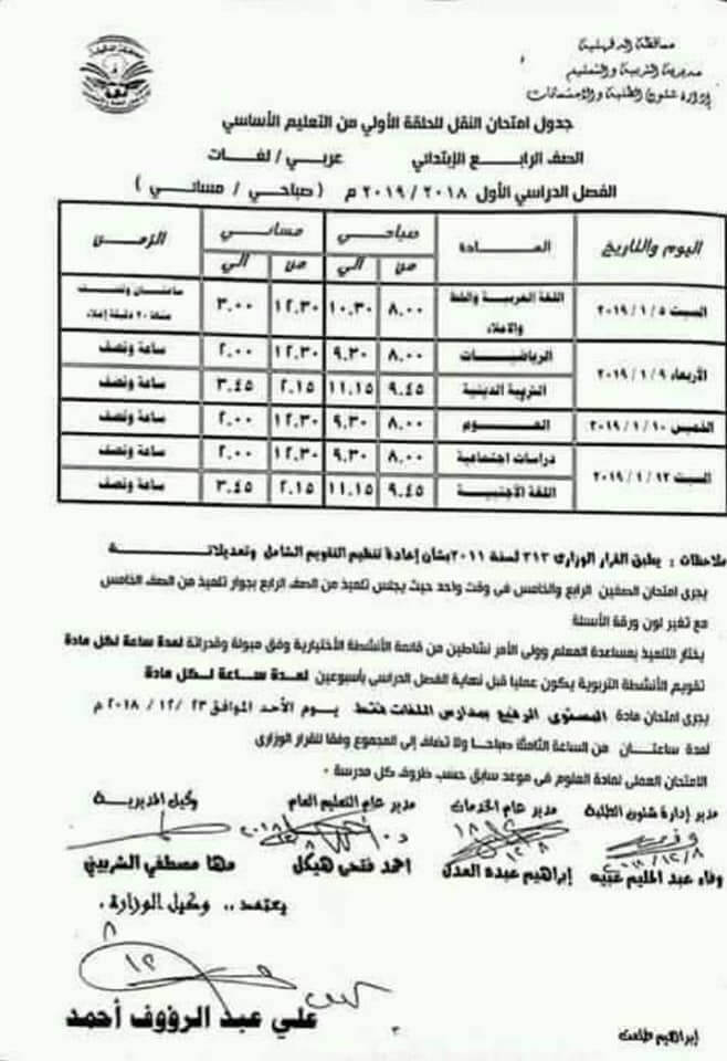 جدول امتحانات الصف الرابع والخامس الابتدائي الترم الاول 2019 محافظة الدقهلية
