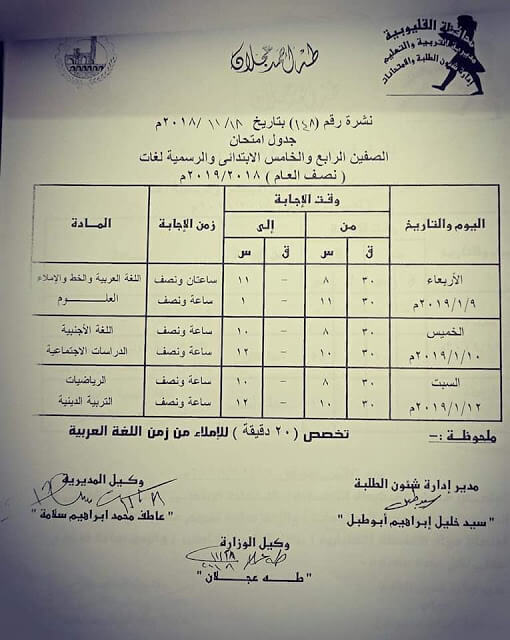 جدول امتحانات الصف الرابع والخامس الابتدائي الترم الاول 2019 محافظة القليوبية