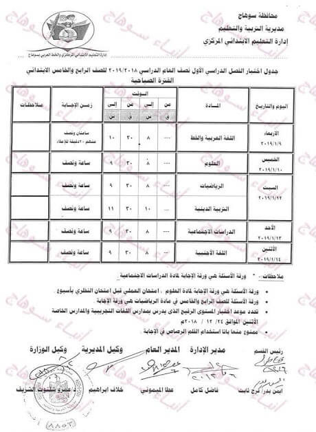 جدول امتحانات الصف الرابع والخامس الابتدائي الترم الاول 2019 محافظة سوهاج