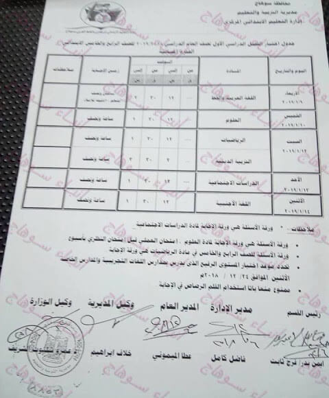 جدول امتحانات الصف الرابع والخامس الابتدائي الترم الاول 2019 محافظة سوهاج