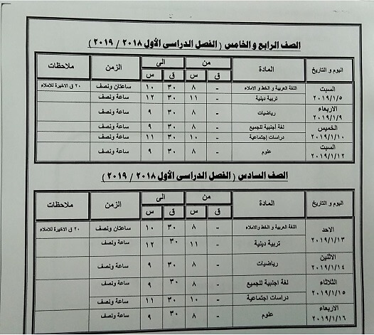 جدول امتحانات الصف الرابع والخامس والسادس الابتدائي الترم الاول 2019 محافظة كفر الشيخ
