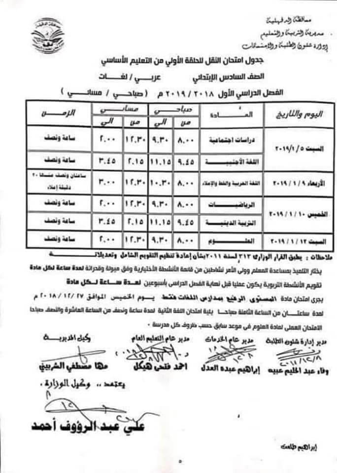 جدول امتحانات الصف السادس الابتدائي الترم الاول 2019 محافظة الدقهلية