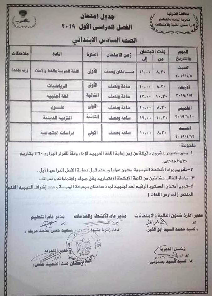 جدول امتحانات الصف السادس الابتدائي الترم الاول 2019 محافظة الشرقية
