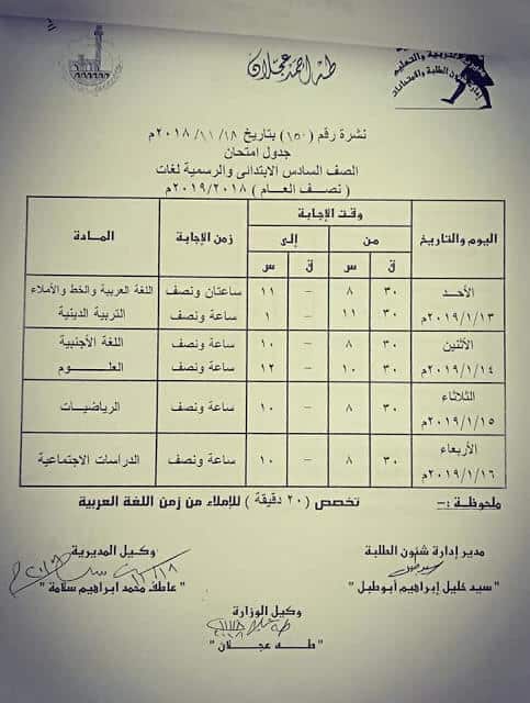 جدول امتحانات الصف السادس الابتدائي الترم الاول 2019 محافظة القليوبية