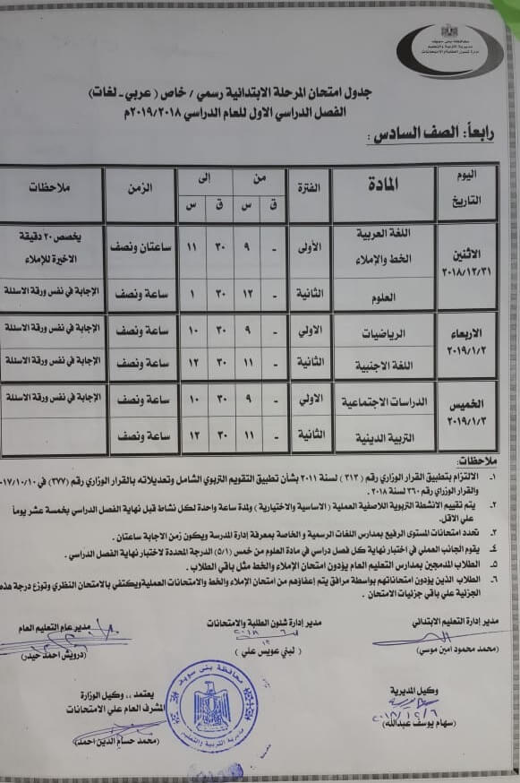 جدول امتحانات الصف السادس الابتدائي الترم الاول 2019 محافظة بني سويف