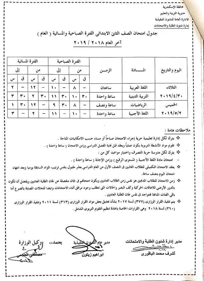 جدول امتحانات الصف الثاني الابتدائي الترم الثاني 2019 محافظة الاسكندرية