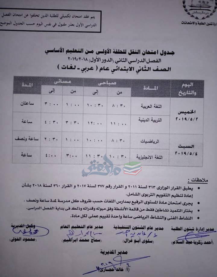 جدول امتحانات الصف الثاني الابتدائي الترم الثاني 2019 محافظة الجيزة