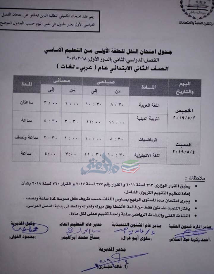 جدول امتحانات الصف الثاني الابتدائي الترم الثاني 2024 محافظة الجيزة