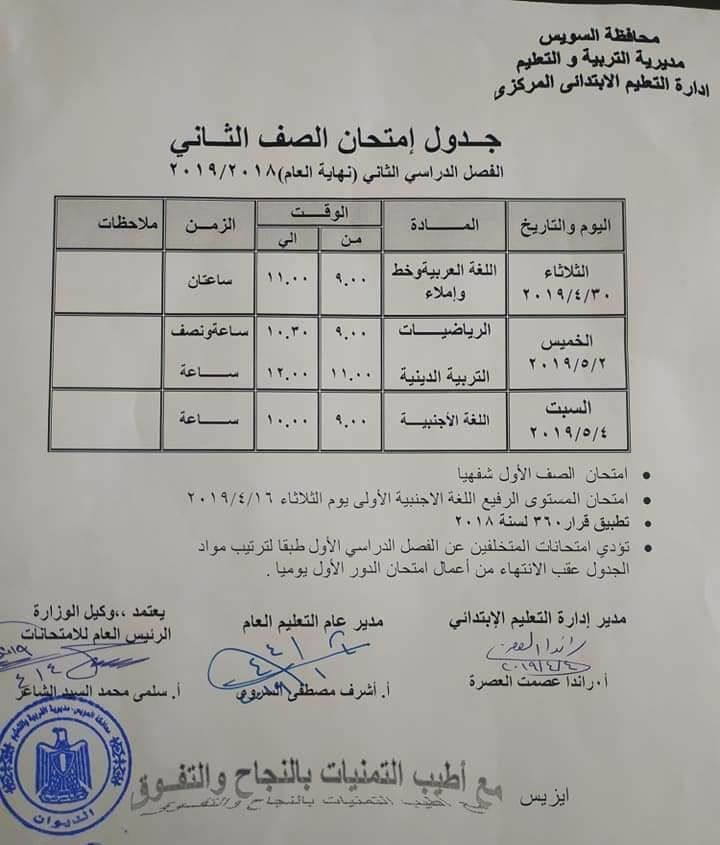 جدول امتحانات الصف الثاني الابتدائي الترم الثاني 2019 محافظة السويس