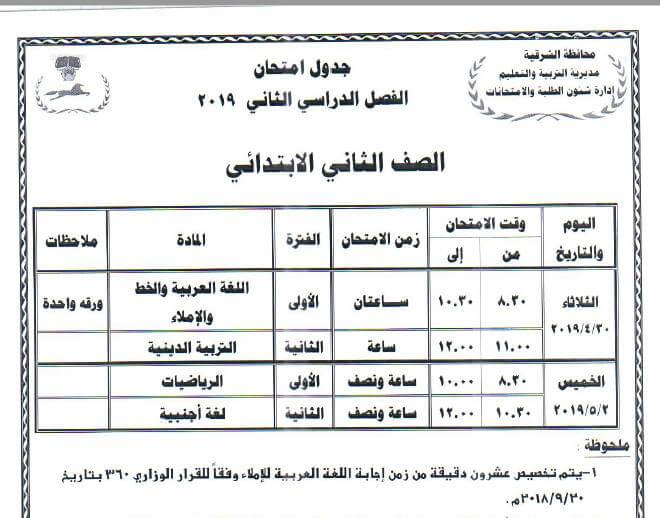 جدول امتحانات الصف الثاني الابتدائي الترم الثاني 2024 محافظة الشرقية