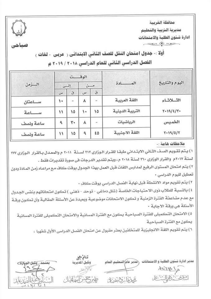 جدول امتحانات الصف الثاني الابتدائي الترم الثاني 2019 محافظة الغربية