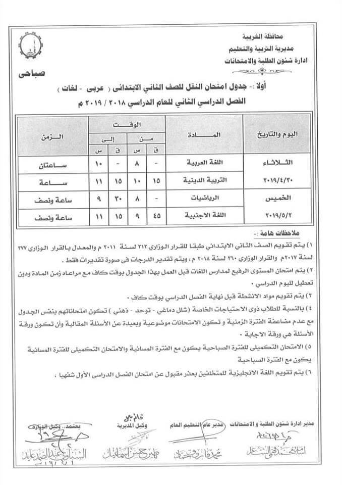 جدول امتحانات الصف الثاني الابتدائي الترم الثاني 2024 محافظة الغربية