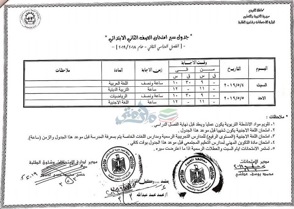 جدول امتحانات الصف الثاني الابتدائي الترم الثاني 2024 محافظة الفيوم