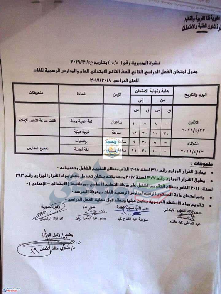 جدول امتحانات الصف الثاني الابتدائي الترم الثاني 2024 محافظة قنا