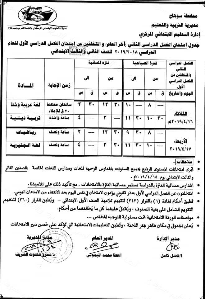 جدول امتحانات الصف الثاني والثالث الابتدائي الترم الثاني 2024 محافظة سوهاج