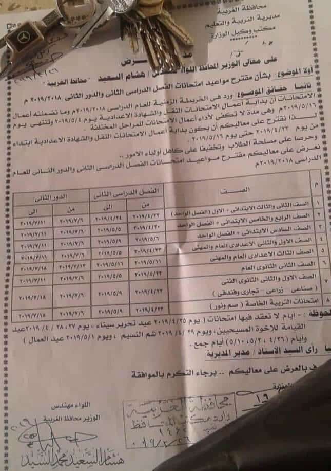 جدول امتحانات اخر العام 2019 محافظة الغربية