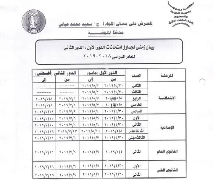 جدول امتحانات اخر العام 2019 محافظة المنوفية