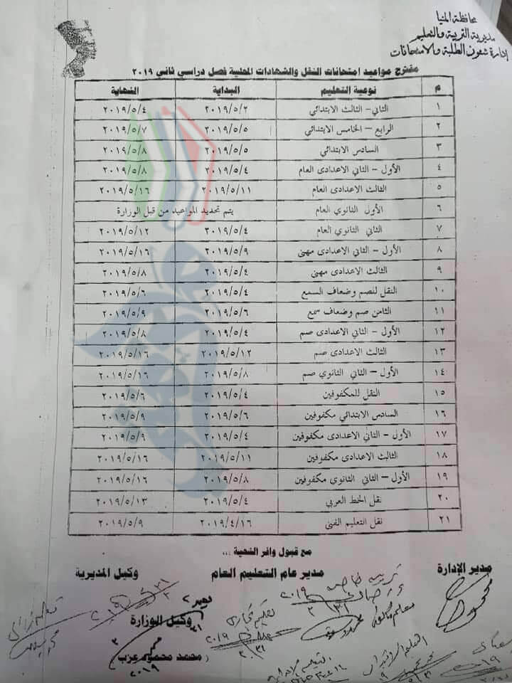 جدول امتحانات اخر العام 2019 محافظة المنيا