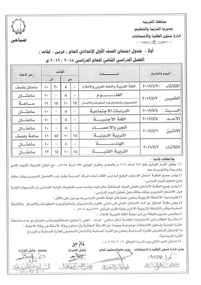 جدول امتحانات الصف الاول الاعدادي الترم الثاني 2019 محافظة الغربية