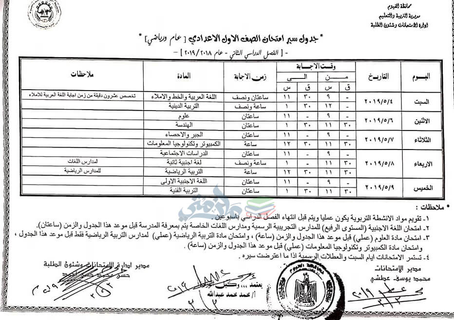 جدول امتحانات الصف الاول الاعدادي الترم الثاني 2019 محافظة الفيوم