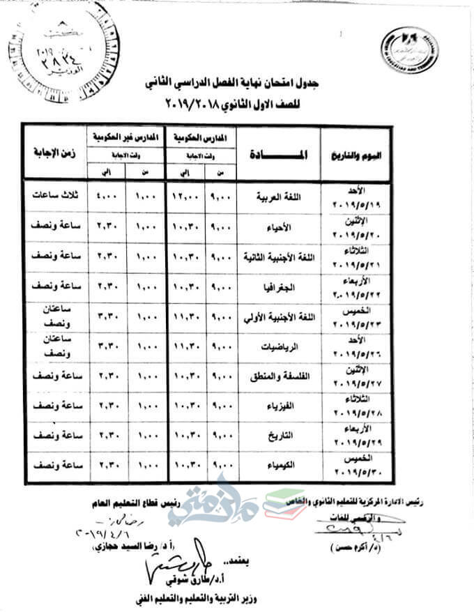 جدول امتحانات الصف الاول الثانوي الترم الثاني 2019
