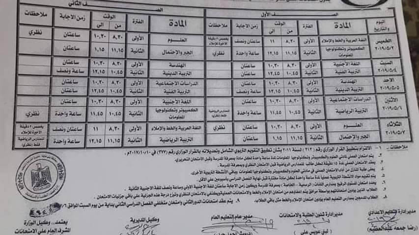 جدول امتحانات الصف الاول والثاني الاعدادي الترم الثاني 2019 محافظة بني سويف