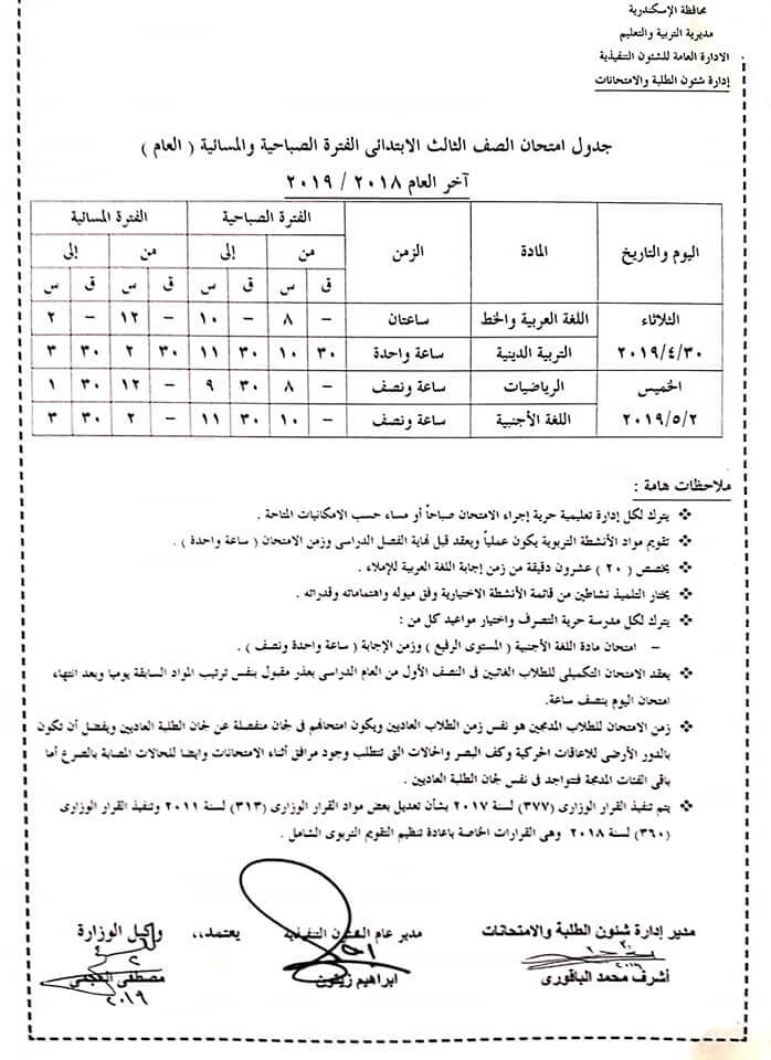 جدول امتحانات الصف الثالث الابتدائي الترم الثاني 2019 محافظة الاسكندرية