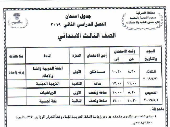جدول امتحانات الصف الثالث الابتدائي الترم الثاني 2019 محافظة الشرقية