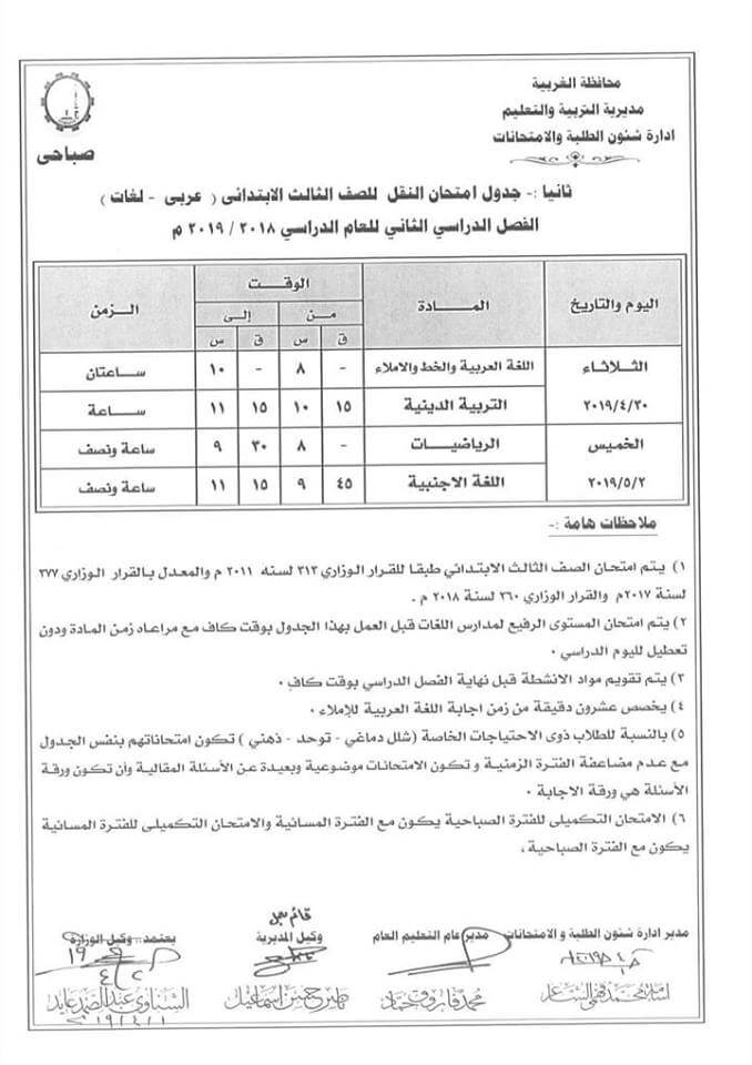 جدول امتحانات الصف الثالث الابتدائي الترم الثاني 2019 محافظة الغربية