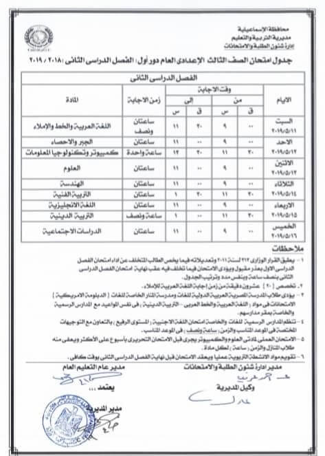 جدول امتحانات الصف الثالث الاعدادي الترم الثاني 2019 محافظة الاسماعيلية