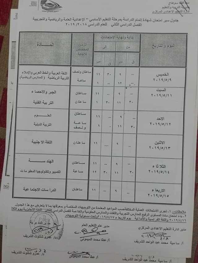 جدول امتحانات الصف الثالث الاعدادي الترم الثاني 2019 محافظة سوهاج