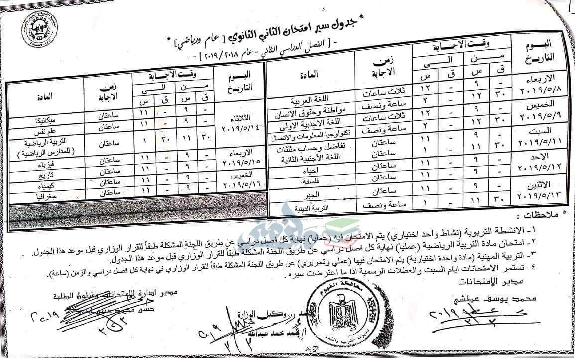 جدول امتحانات الصف الثاني الثانوي الترم الثاني 2019 محافظة الفيوم