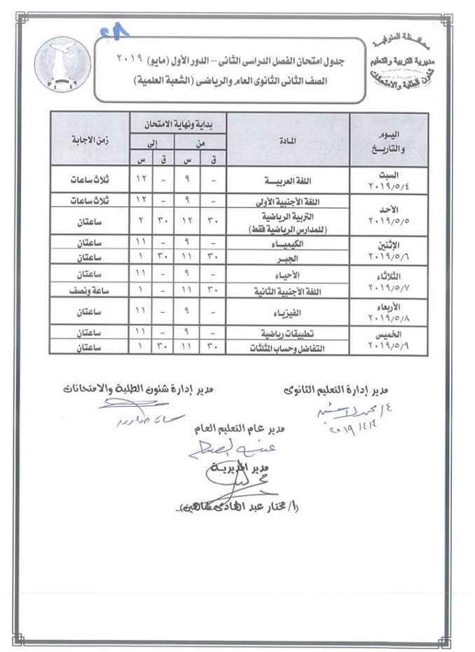 جدول امتحانات الصف الثاني الثانوي الترم الثاني علمي 2019 محافظة المنوفية