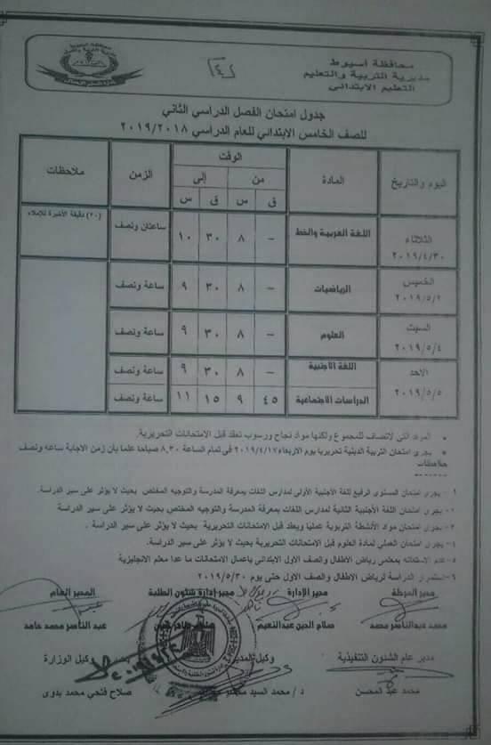 جدول امتحانات الصف الخامس الابتدائي الترم الثاني 2019 محافظة أسيوط