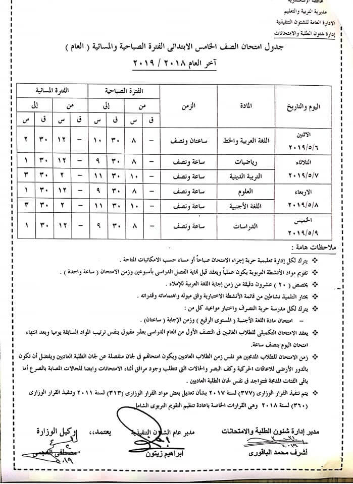 جدول امتحانات الصف الخامس الابتدائي الترم الثاني 2019 محافظة الاسكندرية