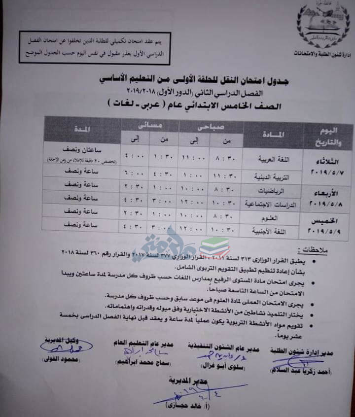 جدول امتحانات الصف الخامس الابتدائي الترم الثاني 2019 محافظة الجيزة