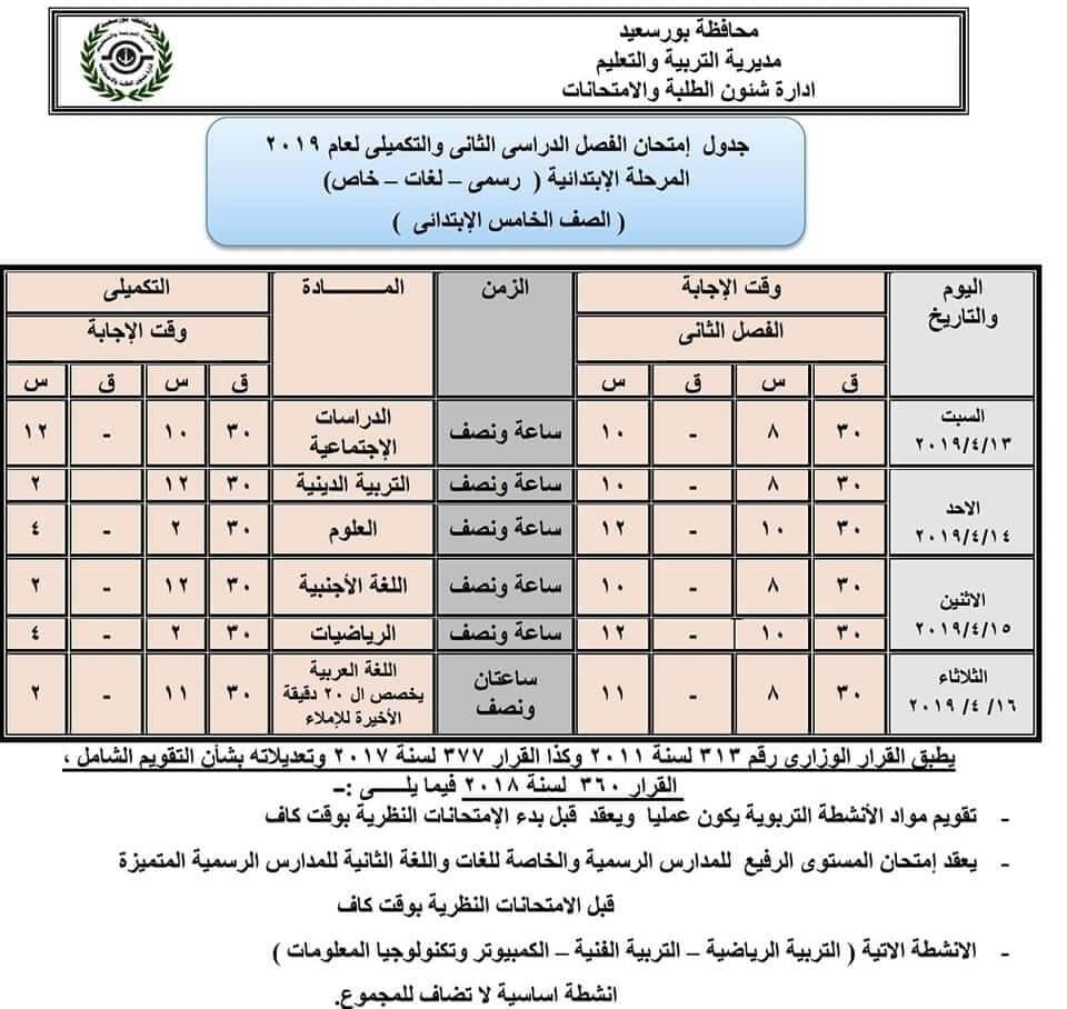 جدول امتحانات الصف الخامس الابتدائي الترم الثاني 2019 محافظة بورسعيد