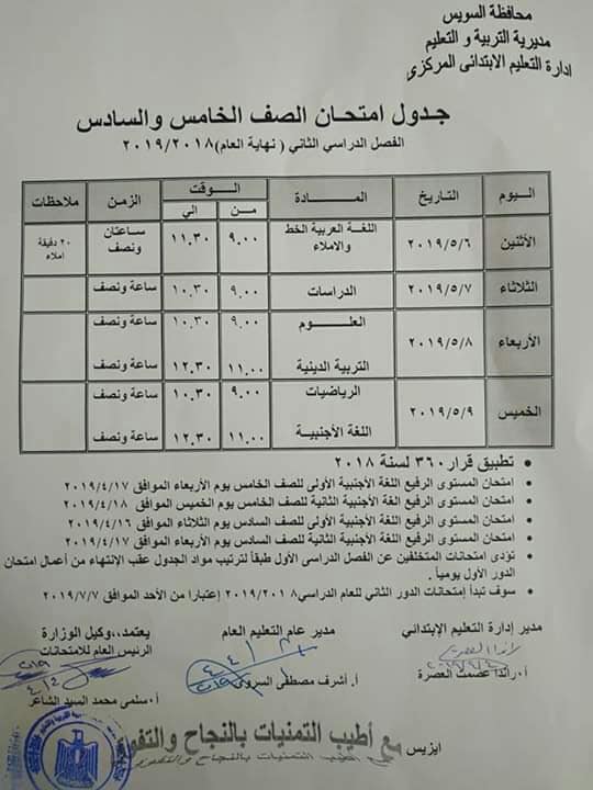 جدول امتحانات الصف الخامس والسادس الابتدائي الترم الثاني 2019 محافظة السويس