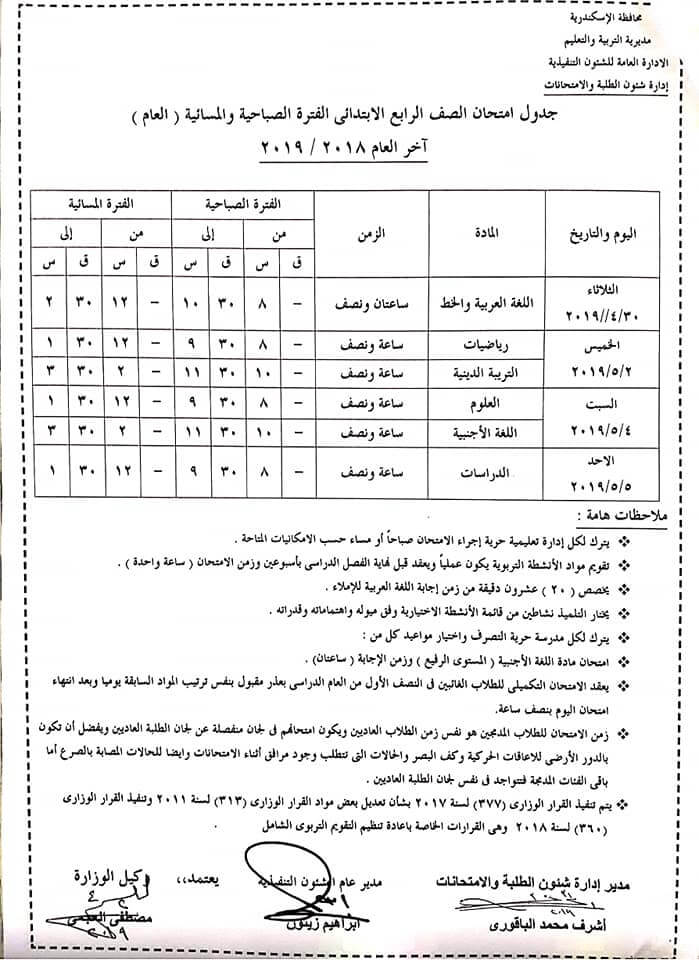 جدول امتحانات الصف الرابع الابتدائي الترم الثاني 2019 محافظة الاسكندرية