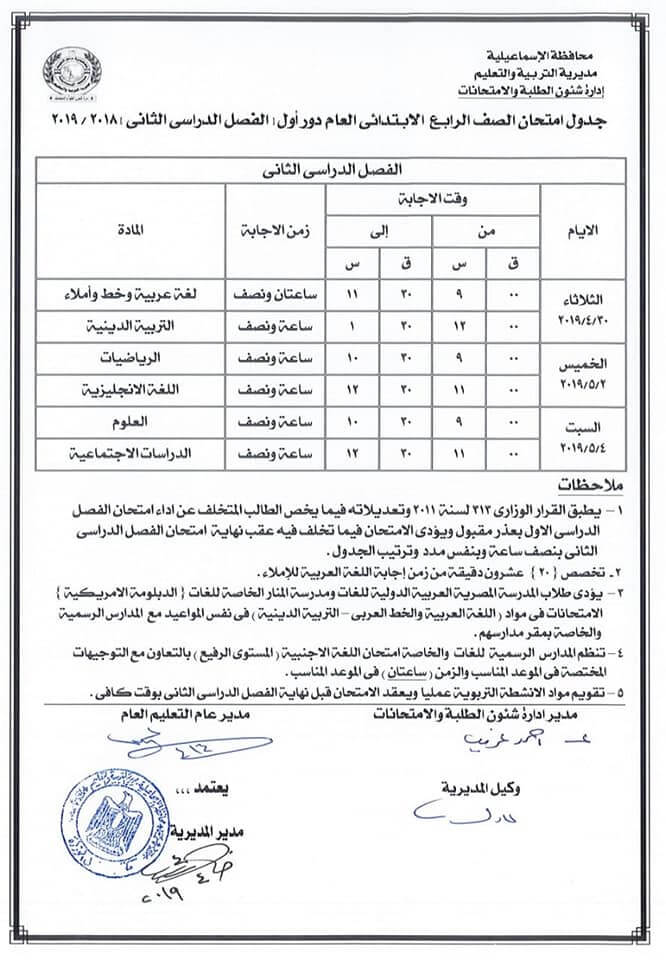 جدول امتحانات الصف الرابع الابتدائي الترم الثاني 2019 محافظة الاسماعيلية