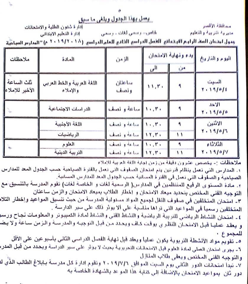 جدول امتحانات الصف الرابع الابتدائي الترم الثاني 2019 محافظة الاقصر