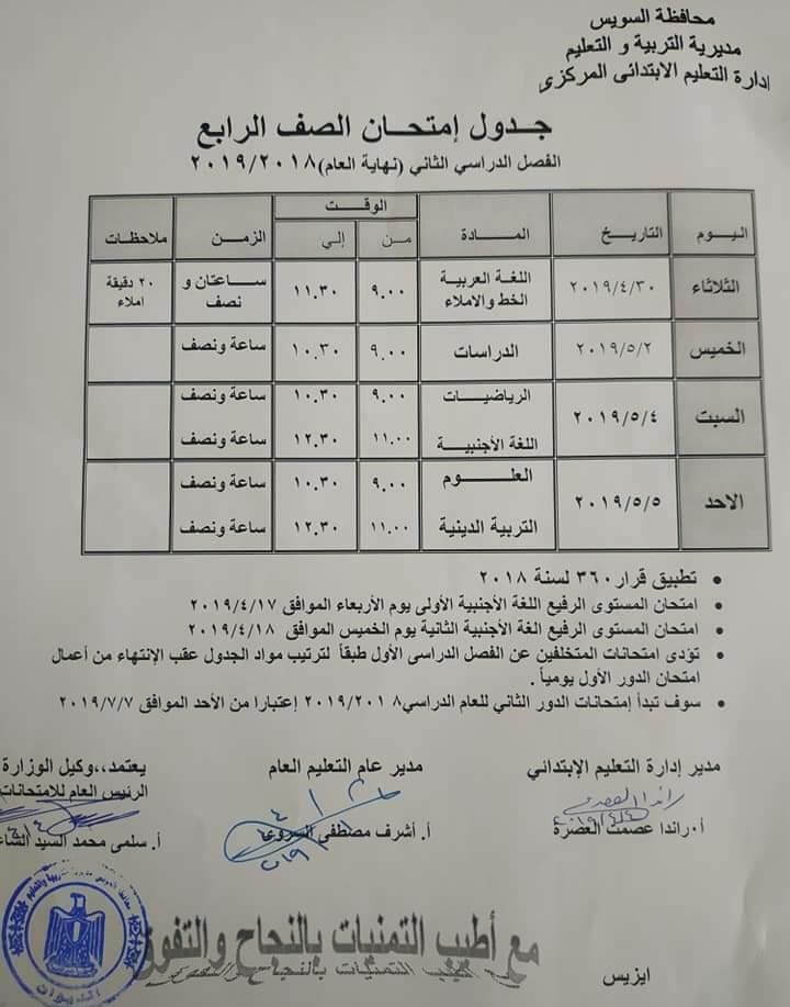 جدول امتحانات الصف الرابع الابتدائي الترم الثاني 2019 محافظة السويس