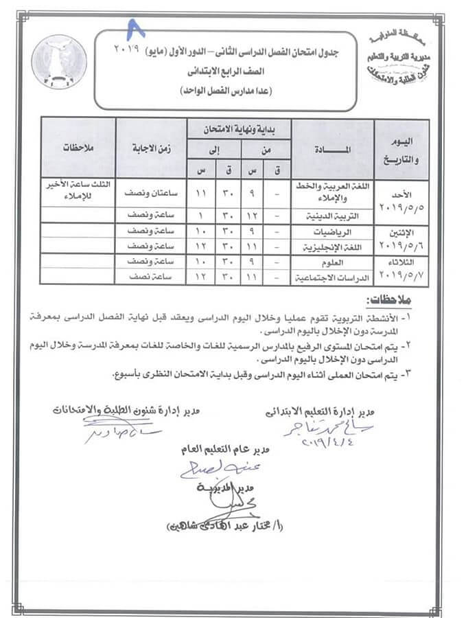 جدول امتحانات الصف الرابع الابتدائي الترم الثاني 2019 محافظة المنوفية