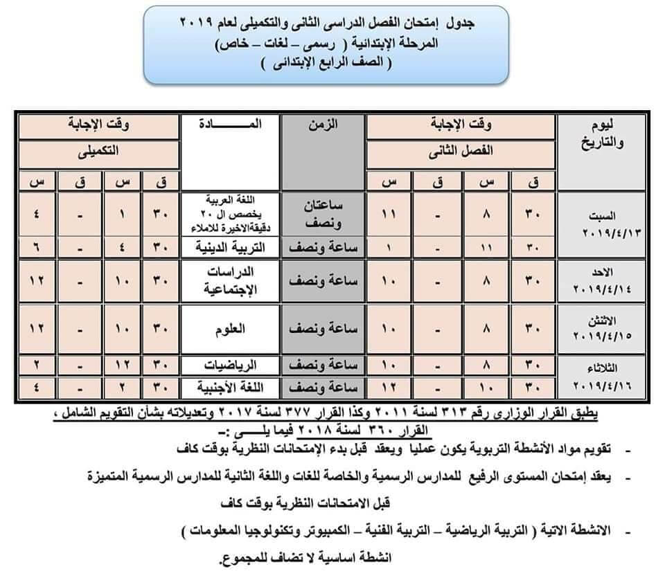 جدول امتحانات الصف الرابع الابتدائي الترم الثاني 2019 محافظة بورسعيد