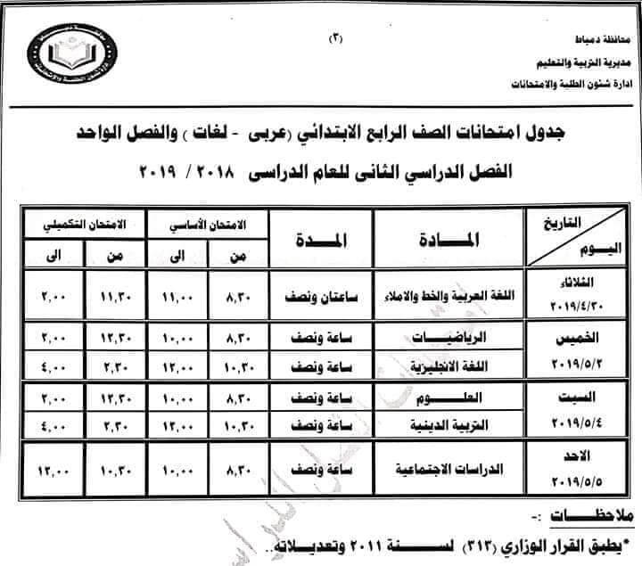 جدول امتحانات الصف الرابع الابتدائي الترم الثاني 2019 محافظة دمياط