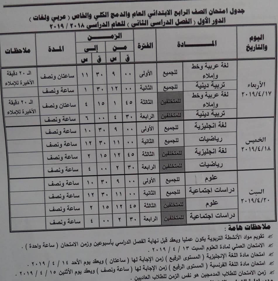 جدول امتحانات الصف الرابع الابتدائي الترم الثاني 2019 محافظة مطروح